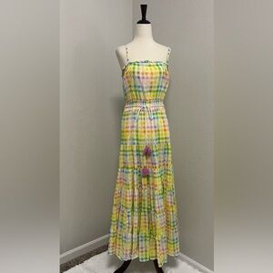 Sleeveless Pastel Plaid Maxi Dress with Tassel Belt